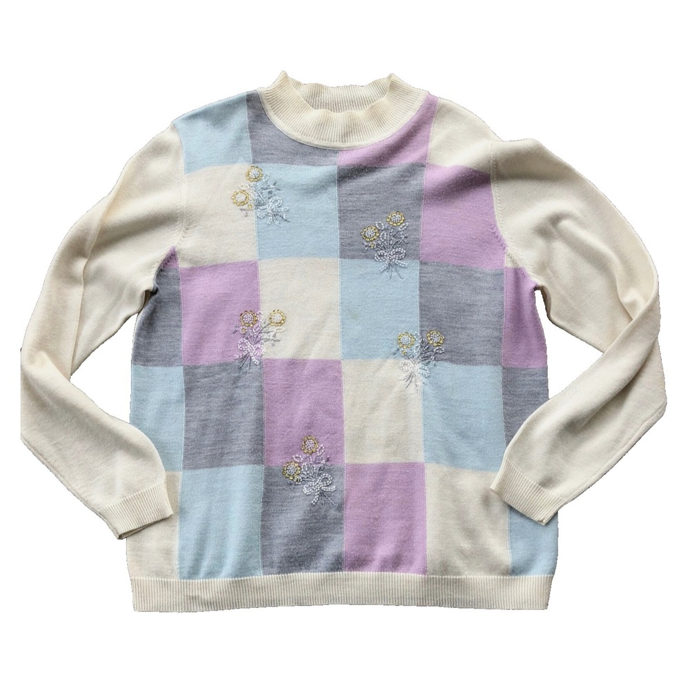 VTG GrannyCore Sweater IVORY/BLUE/LAVENDER Colorblock BEADED Cottage Grandma M